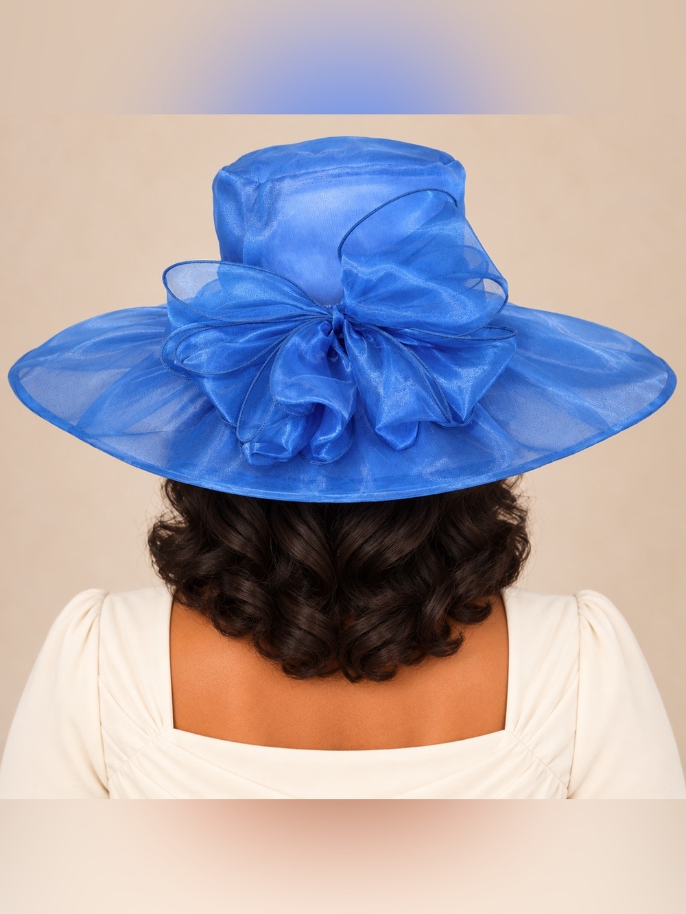 Women’s Blue Wide Brim Organza Church Hat Large Bow Derby Wedding